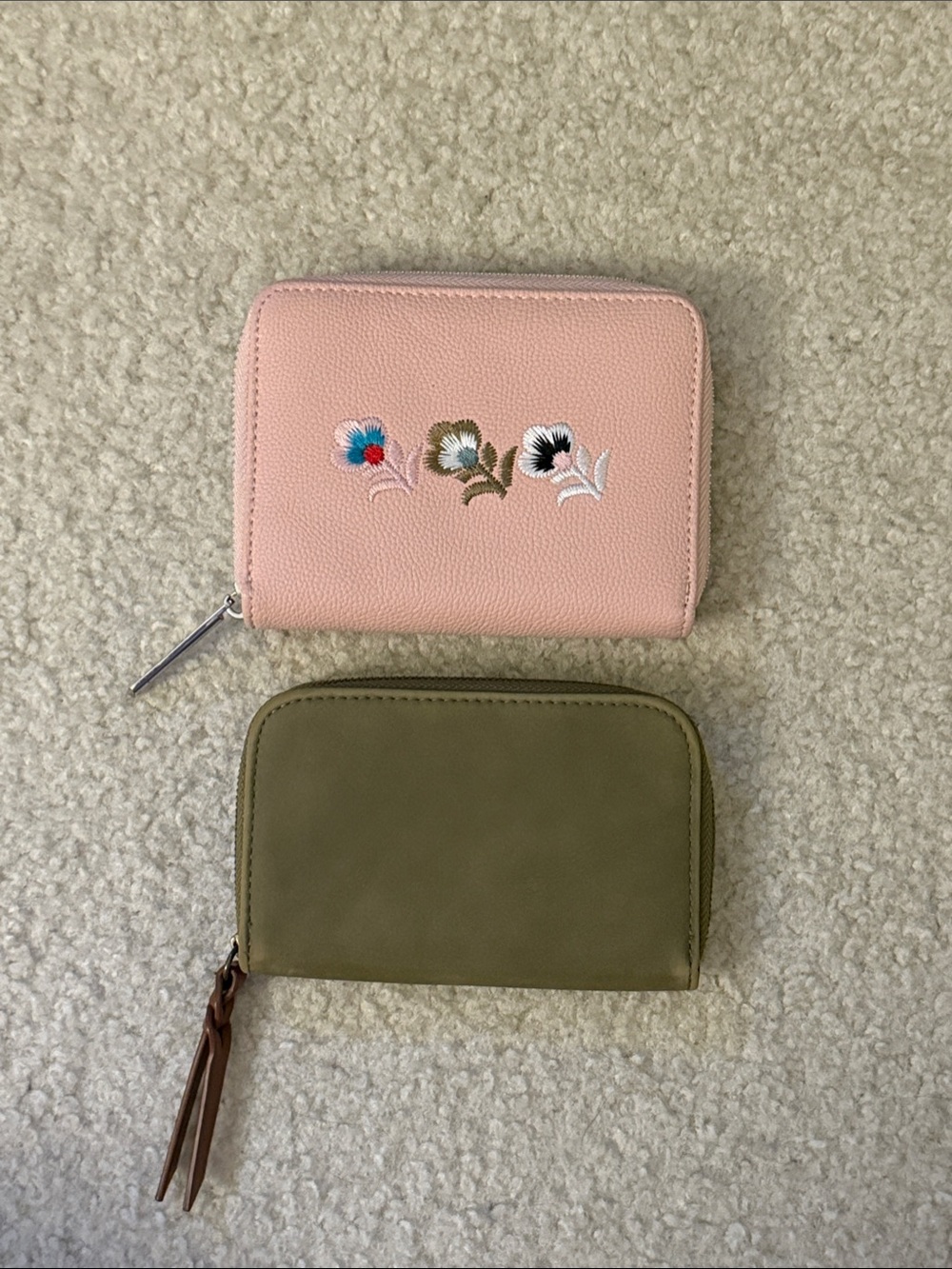 2 Wallets: Floral Zip, and Green Leather Zip